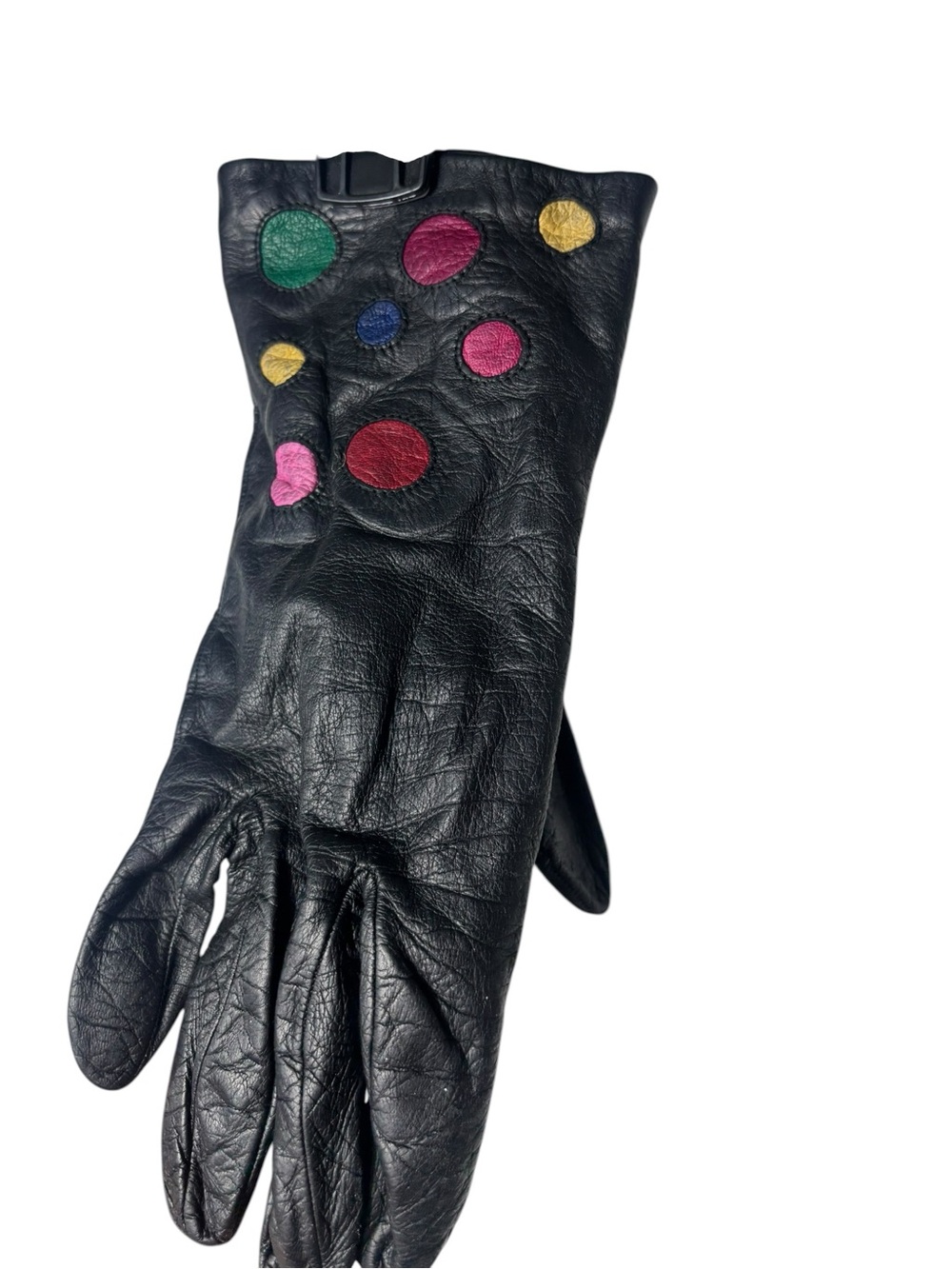 Simon Chang‎ vintage black leather gloves bemberg lined colorful polka dot